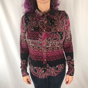 BCBG pink and black paisley button down shirt PM